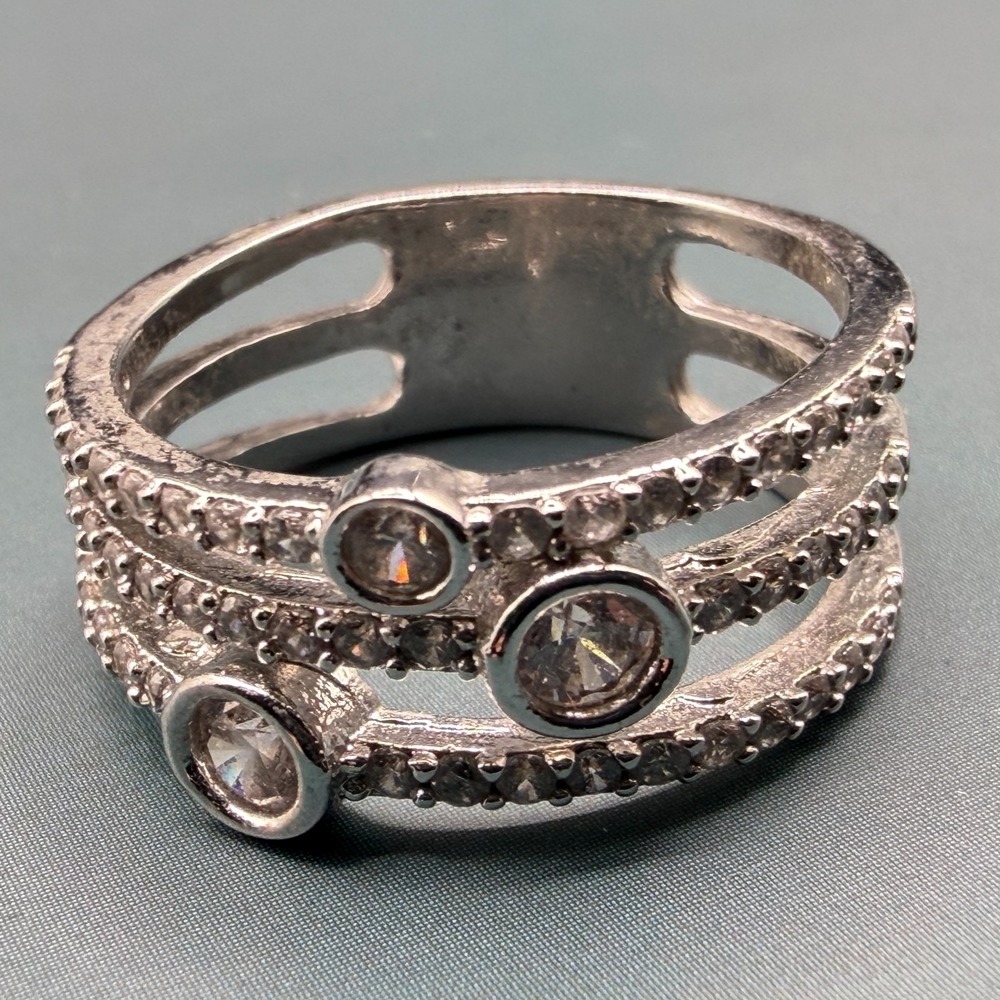 Silver Tone Rhinestone Wide Band Ring Clear Crystal Multi Row Statement Vintage